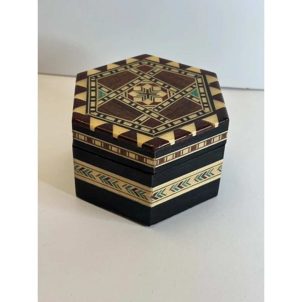Vintage Mirrored Trinket Hexagonal Inlaid Design Wood Box Made in Granada Spain